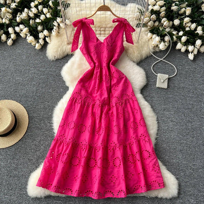 French Vintage Hollow Out Embroidery Butterfly Bow Bandage Slip Dress A-line Chic Casual Beach Vacation Women Summer Dresses