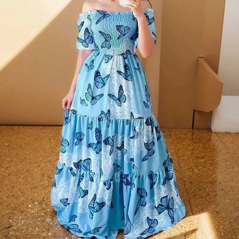 Summer Dresses for Women Print Off Shoulder Broken Flower Open Shoulder Long Dress Streetwear