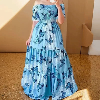 Summer Dresses for Women Print Off Shoulder Broken Flower Open Shoulder Long Dress Streetwear