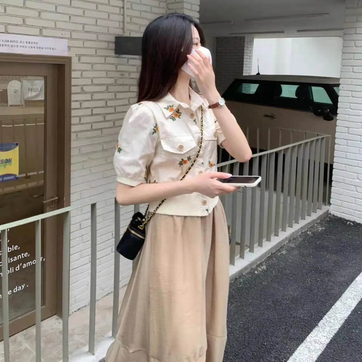 Summer Cotton Linen Frence Women Aesthetic Shirts High Quality Embroidery Floral Puff Sleeve Single Breasted Lapel Polo Collar
