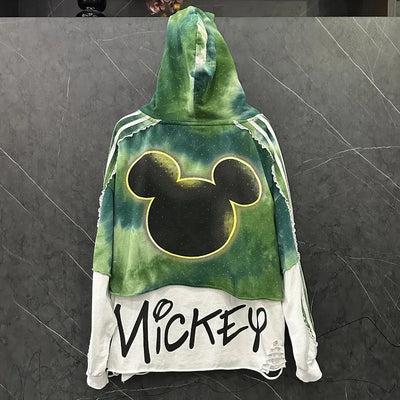 Autumn New Heavy Industry New Style Distressed Fake Two-Piece Cartoon Top Hoodies For Women's Loose Casual Versatile Top Jacket