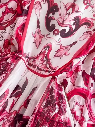 Women Clothing O Neck Flare Sleeve Large Swing Maxi Dress New Summer Bohemian Blue And White Porcelain Print Chiffon Vestidos