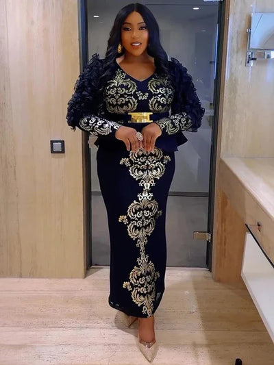 Luxury Wedding Party Evening Dresses For Women African Dashiki Sequin Mermaid Robe Elegant Long Sleeve Dress Africa Clothing
