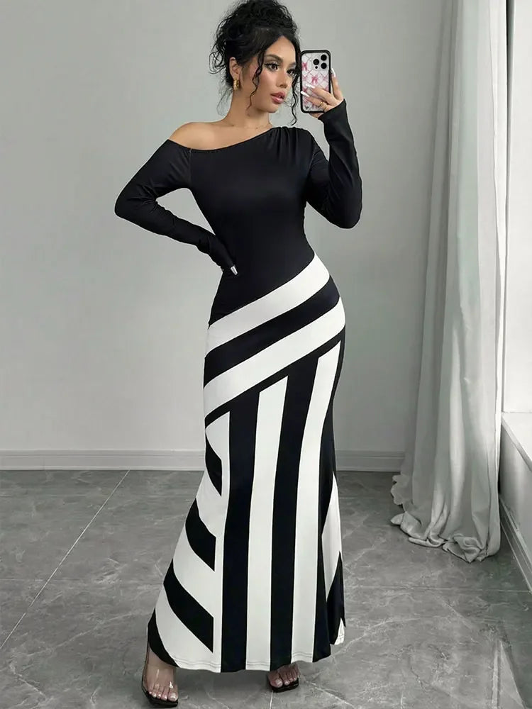New Women Maxi Dresses Autumn Streetwear Fashion Black White Patchwork Casual Slim Dresses Elegant Female Knitted Dress Clothing