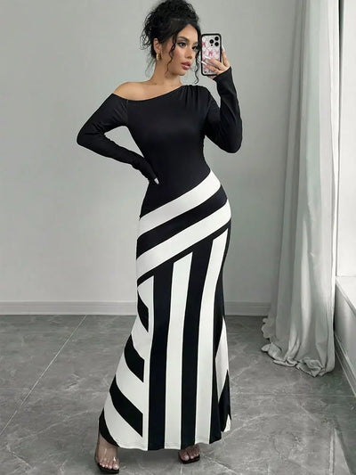 New Women Maxi Dresses Autumn Streetwear Fashion Black White Patchwork Casual Slim Dresses Elegant Female Knitted Dress Clothing