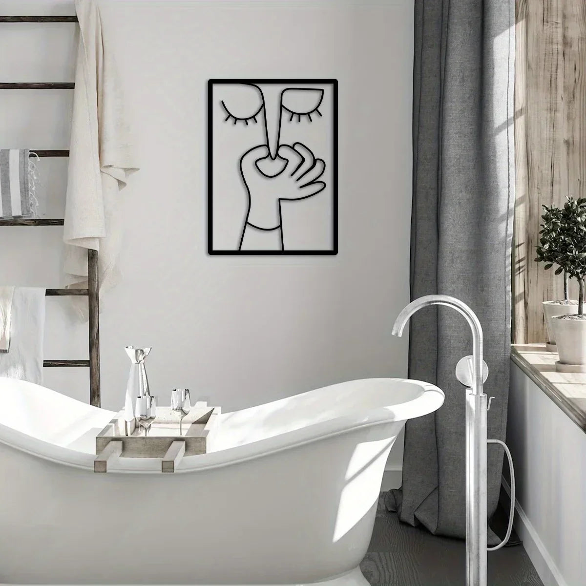Metal Wall Art for Toilet: Funny Portrait with Minimal Line Art Design as Bathroom Sign & Restroom Decor