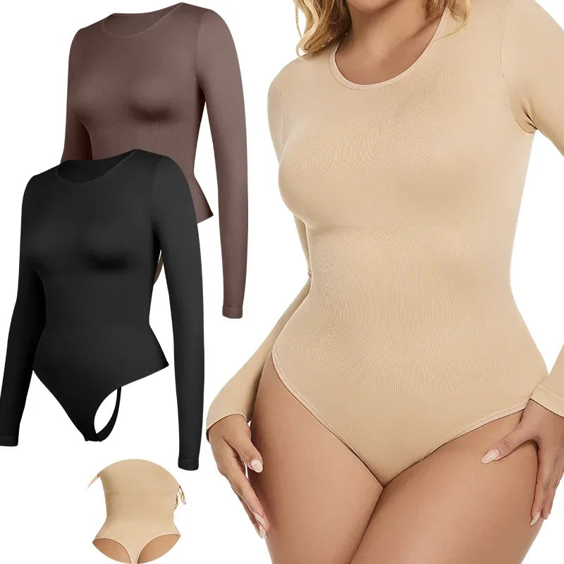 Women Full Body Shaper Long Sleeve Round Neck Shapewear Slimming Breathable Bodysuit Seamless Tummy Control Waist Trainer Corset