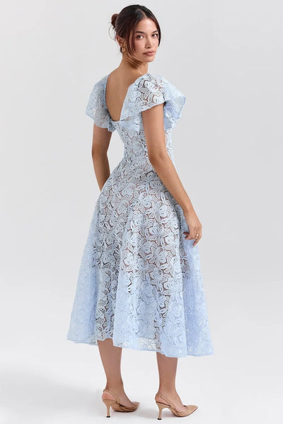 Elegant Flare Short Sleeve Flower Embroidery Long Prom Dresses Women Summer Holiday Low Cut Pleated Midi Evening Dress