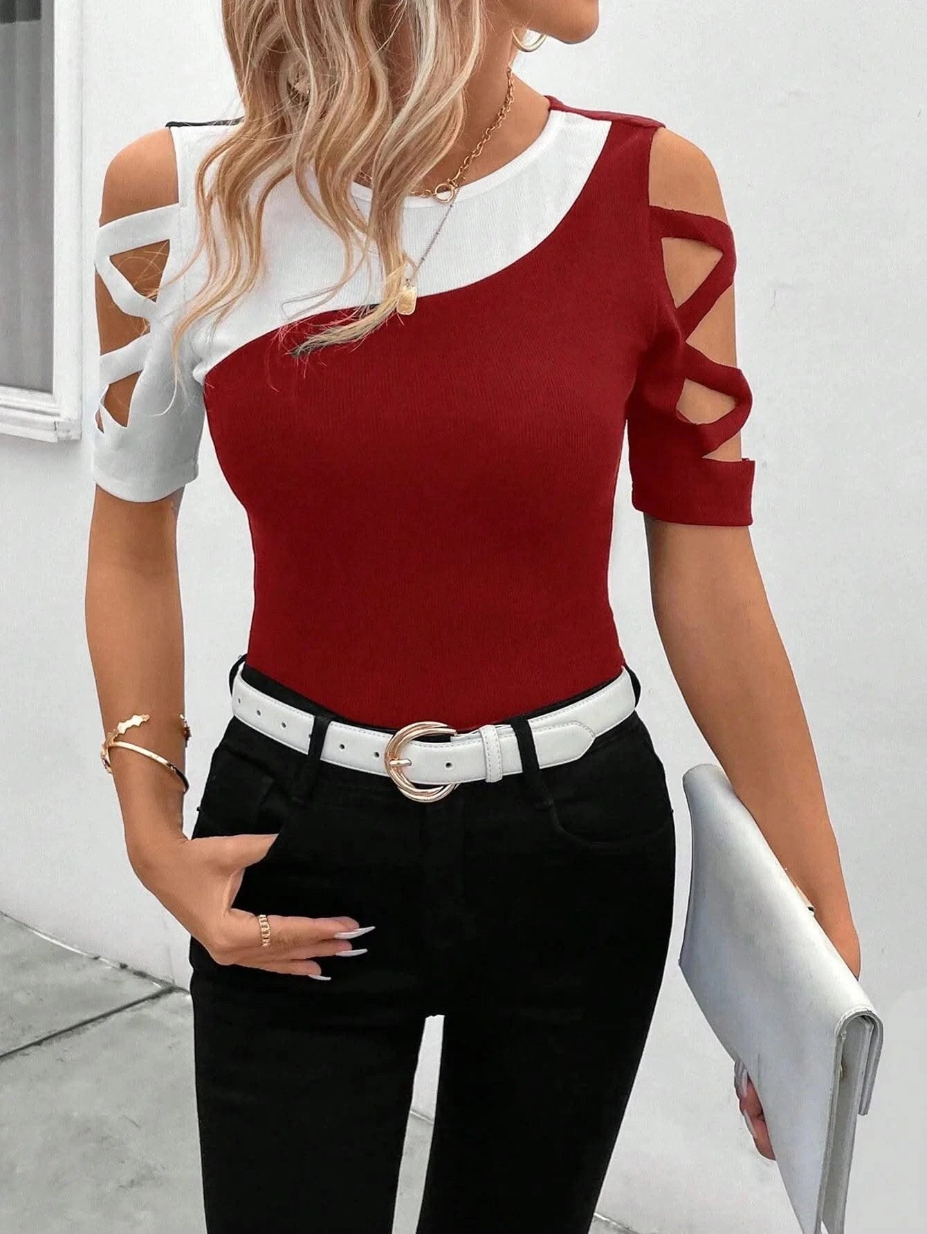 Women's Blouses T-shirt Summer New Colour Block Cross Off Shoulder