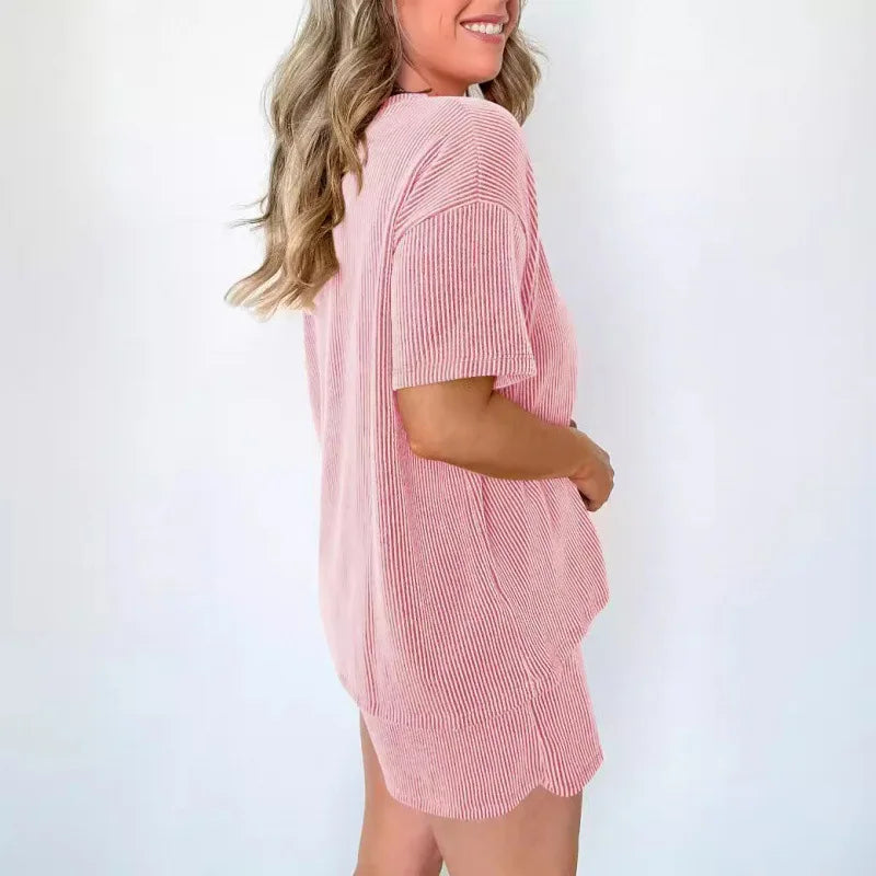 Women's clothing 2025 summer short-sleeved wavy crew neck top, elastic waist shorts two-piece set
