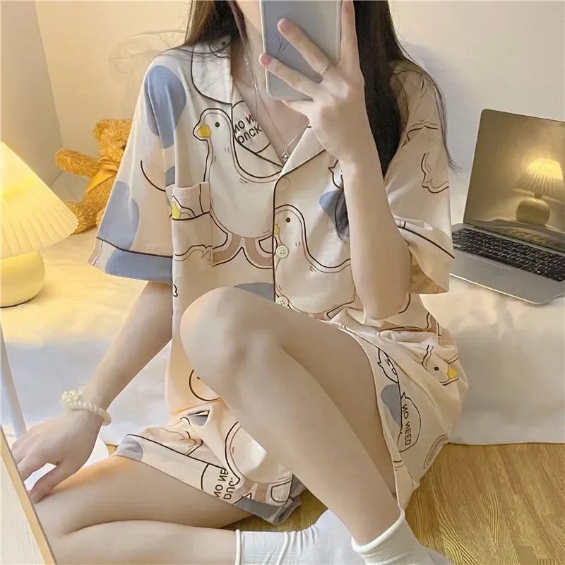 Women's Pajamas Loungewear Cartoon Goose Nightwear Homewear Ladies Tops and Pants V-Neck Sleepwear Comfortable and Breathable