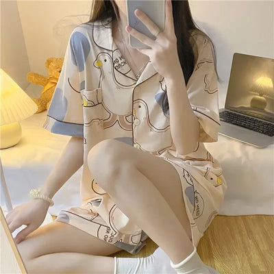 Women's Pajamas Loungewear Cartoon Goose Nightwear Homewear Ladies Tops and Pants V-Neck Sleepwear Comfortable and Breathable