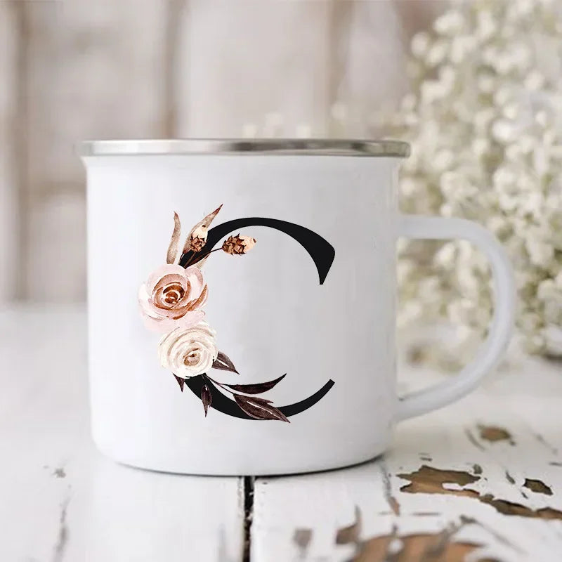Initial Letter Print Mugs Enamel Creative Coffee Cups Drinks Wine Juice Milk Cup Vintage Home Office Handle Drinkware Best Gifts