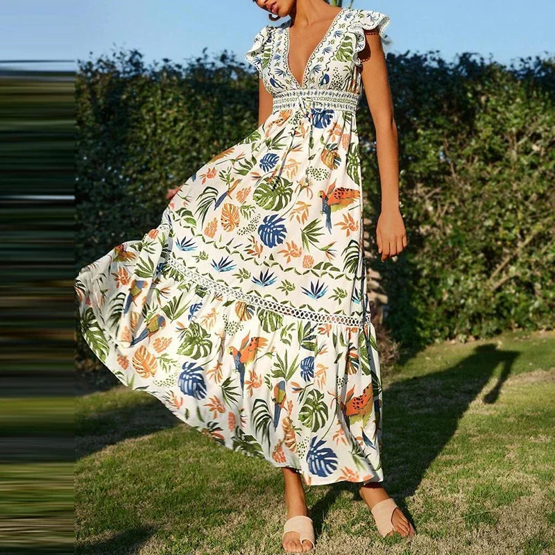 Women Summer Dress Elegant Floral Print Loose Hem Maxi Dress Spring V Neck Butterfly Sleeve Bohemian Holiday Dress Vestido Mujer
