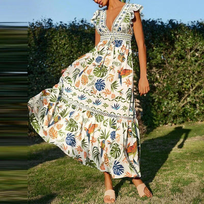Women Summer Dress Elegant Floral Print Loose Hem Maxi Dress Spring V Neck Butterfly Sleeve Bohemian Holiday Dress Vestido Mujer