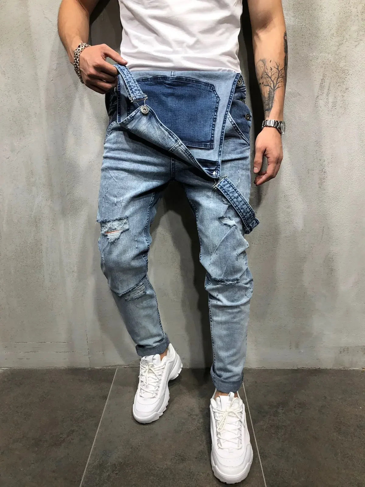 Men's Spring and Autumn Jeans, New Style Retro Casual All-match Ripped Dungarees, Fashionable High Street Trendy Brand Dungarees