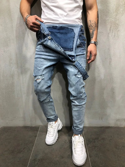 Men's Spring and Autumn Jeans, New Style Retro Casual All-match Ripped Dungarees, Fashionable High Street Trendy Brand Dungarees