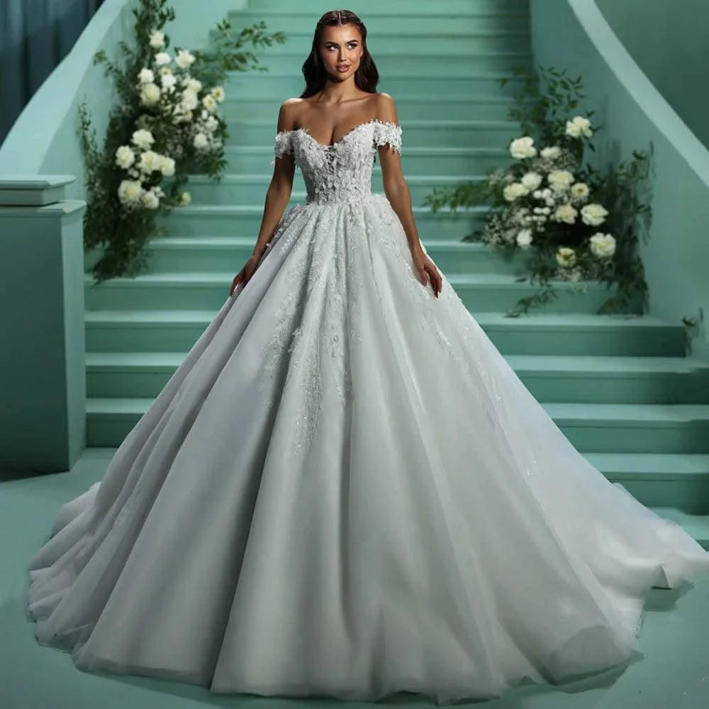 Ball Gown Wedding Dress for Bride Off The Shoulder V Neck Sparkling Beading