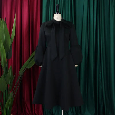 Elegant Dresses for Women Bow Collar Full Sleeve High Waisted Pleated Mid Calf Luxury Birthday Party Dinner Vestidos Mujer Dress