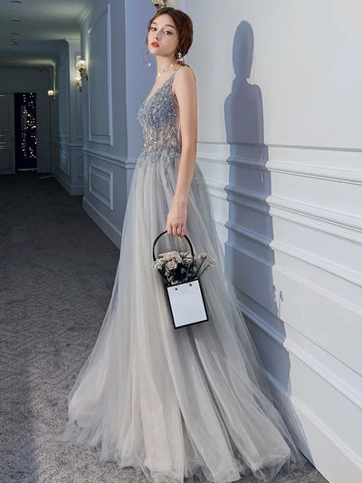 Women's Evening Dresses Sexy V-neck Luxury Formal Party Gown Backless Beads Sequins Tulle Side Split Banquet Evening Dress