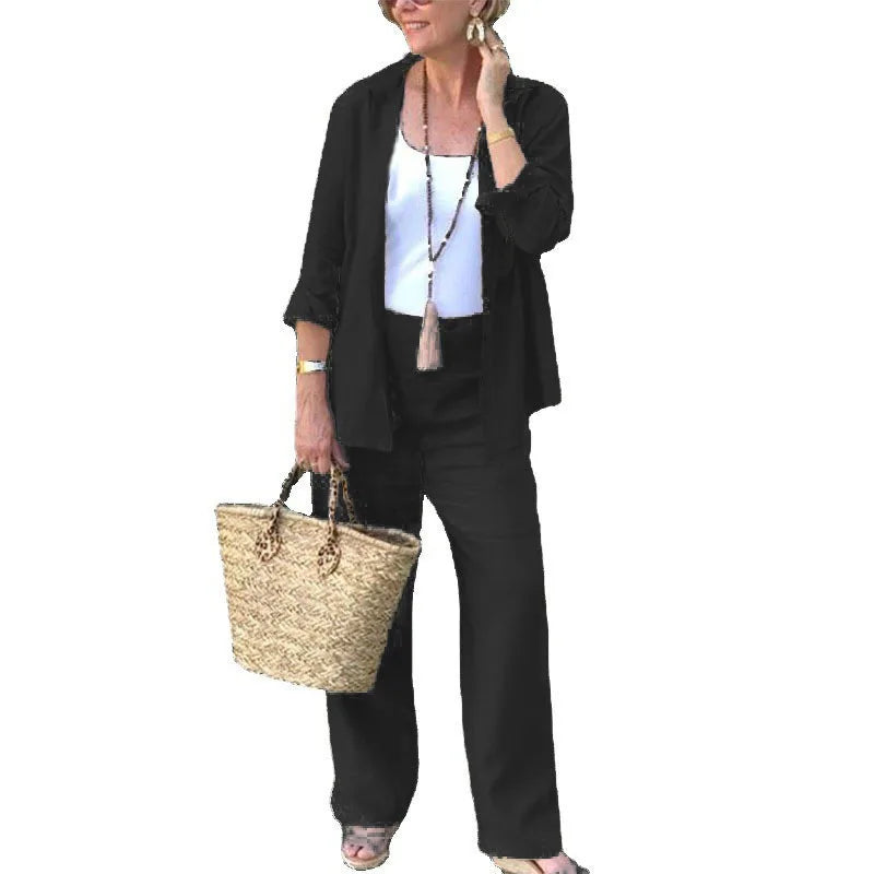 Cotton Linen Sets Womens Outifits Mathing Grey Long Sleeve Lapel Shirt Blouse Casual Long Pant Two Piece Tracksuit Suits