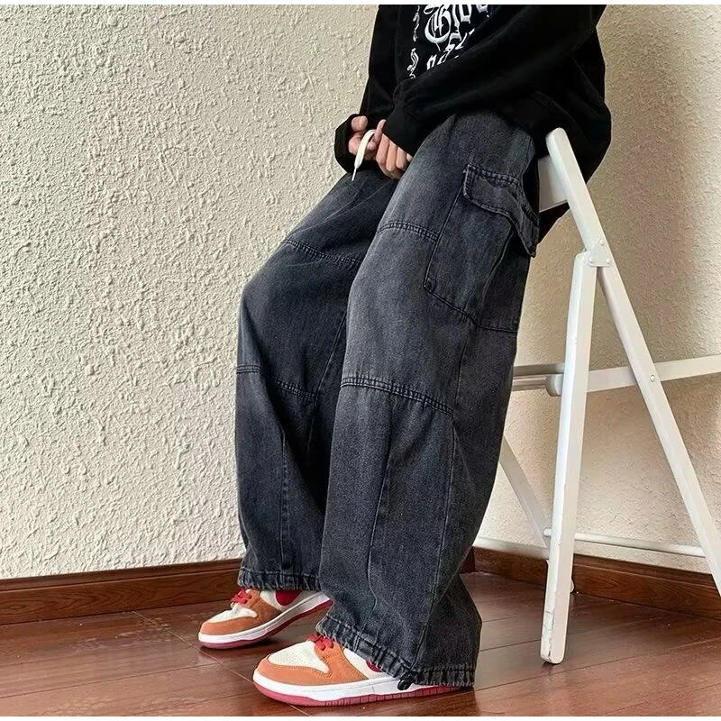 Denim Trousers For Men Adjustable Drawstring Y2k Versatile Baggy Cargo Jeans Men's Hippie Jogging Wide leg Pants Male Streetwear