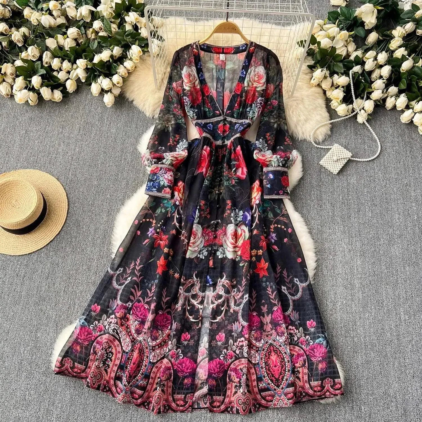 Summer Gorgeous Flower Dress Women Chiffon Clothing Sexy Deep V Neck Single Breasted Floral Print Beach Boho Long Robe Vestidos