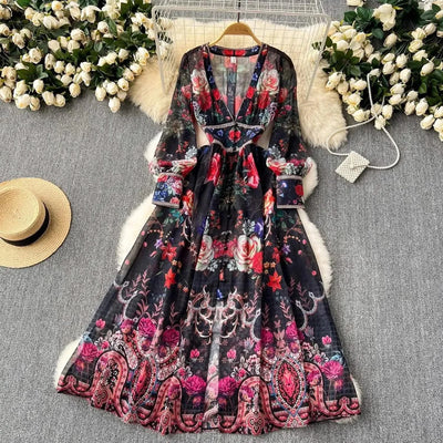Summer Gorgeous Flower Dress Women Chiffon Clothing Sexy Deep V Neck Single Breasted Floral Print Beach Boho Long Robe Vestidos