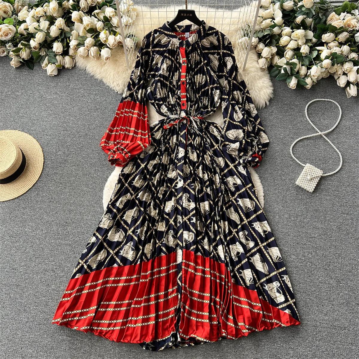 Retro Print Elegant Pleated Lantern Long Sleeve O Neck Single Breasted Dress A-line  Casual High Waist Women Summer Dresses