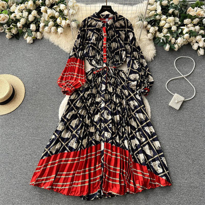 Retro Print Elegant Pleated Lantern Long Sleeve O Neck Single Breasted Dress A-line  Casual High Waist Women Summer Dresses