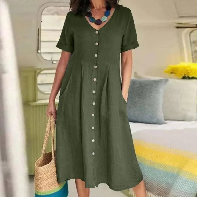 Women's Summer Casual Cotton Linen Midi Dress White  Loose Elegant Green Dresses Vestidos Платье С Декольте Jupe Longue Femme