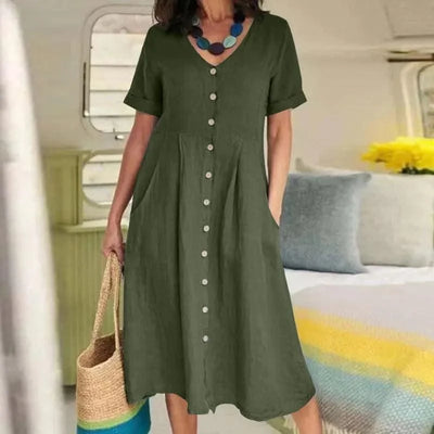 Women's Summer Casual Cotton Linen Midi Dress White  Loose Elegant Green Dresses Vestidos Платье С Декольте Jupe Longue Femme