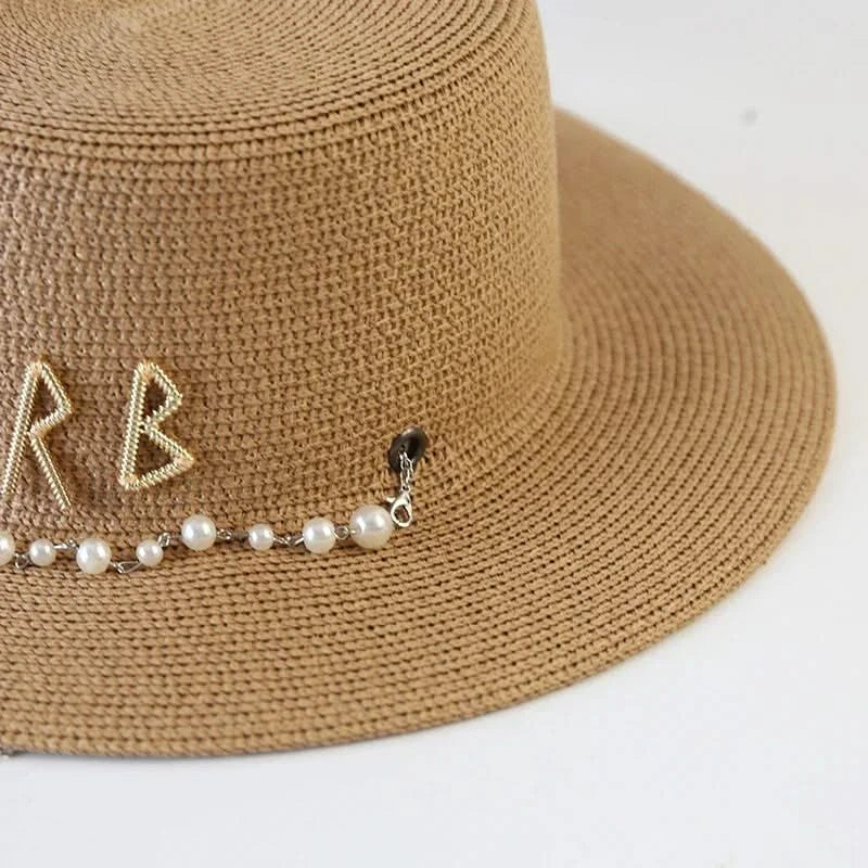 New Women Summer Hats Straw Sun Hat Panama Elegant Straw Fedoras Lady Girl Outdoor Vacation with Pearl Chain Sunshade Beach Hat