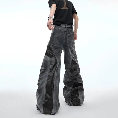 Mens Jeans Pu Leather Stitching Whisker Washed Wilderness Style Casual Pants Streetwear Fashion Personality Trousers Men'S Wear