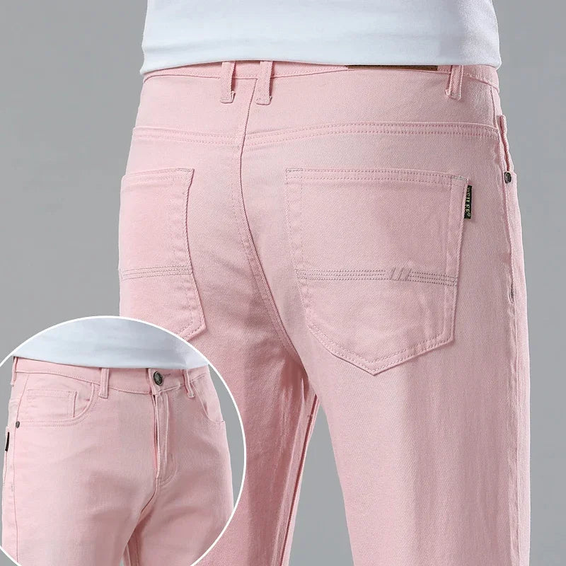 New High Quality Men's Trend Yellow Red White Jeans 2024 Spring Autumn Male High Waist Casual Pants Classic Brand Denim Trousers