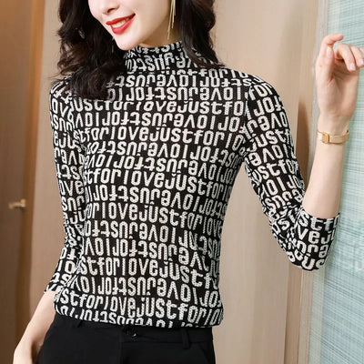 Printed Waffle Mesh T-shirts For Women New Autumn Slim-fit Base Half High Neck Strech Basic Tops Female