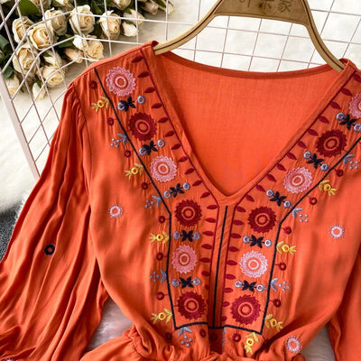 Boho Dress for Women Embroidery Floral Print V-neck Elastic Waist Lace-up Dresses with Belt Summer Vestidos Folds Dropshipping