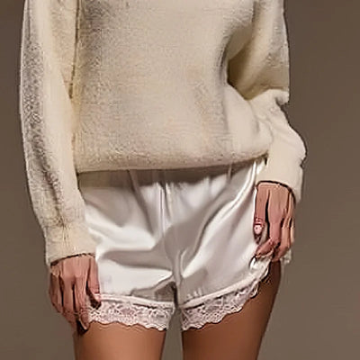 Women Cozy Satin Lounge Shorts Elastic Waist Lace Patchwork Loose Pajamas Shorts Sleepwear