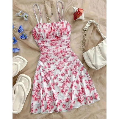 Women's Summer Elegant Floral Mini Dresses Fashion Fold High Waist Slim A-Line Dress Lady Sexy Backless Spaghetti Strap Sundress