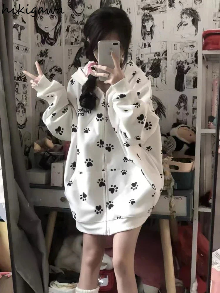 Print Hooded Hoodies 2025 Women Clothing Streetwear Oversized Jackets Ropa Mujer Casual Fashion Zipper Japanese Y2k Sweatshirts