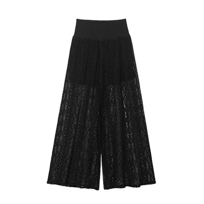 TRAF Women Lace Trousers Embroidery Hollow Out Simple Women's Pants Elastic Waist Loose Pants Female Wide Leg Pants