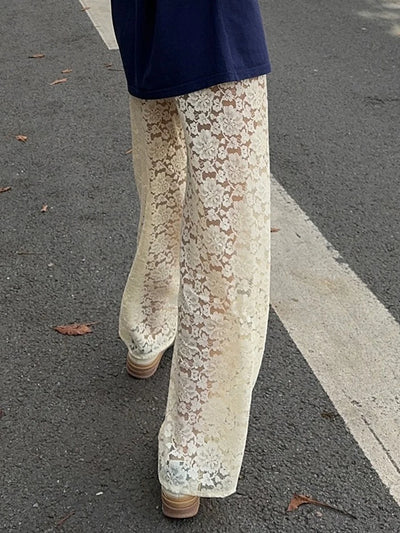 Women Fashion Lace Wide Leg Pants Casual Loose Sheer Lace High Waist Trousers for Work Office Streetwear