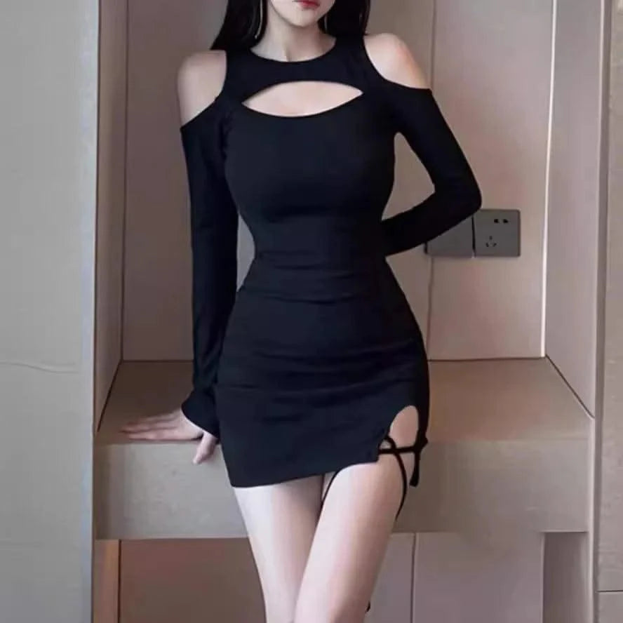 Summer Women Elegant Evening Party Dress Solid Color Long Sleeve High Waist Sexy Hollow Out bandage Mini Dress Beachwear vestido