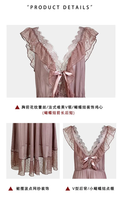 Women's Sexy Lingerie Nightgown Semi Sheer Babydoll Sleepwear Dress With Polka Dots Bow Knot Decor Summer Mesh V-Neck Loungewear