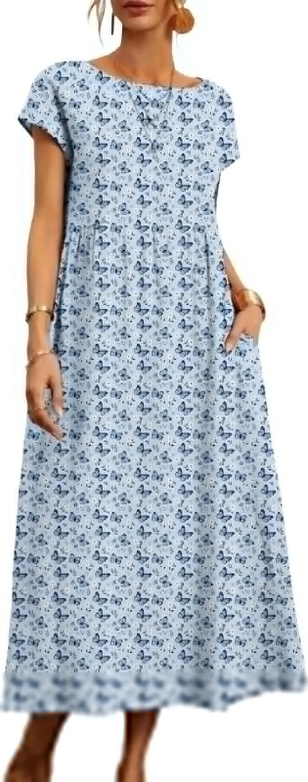 Women's Summer Dresses, Short Sleeves, Midi Casual Dresses with Pockets, Flowy T-Shirt Dresses, Floral Resort Beach Vest Dresses