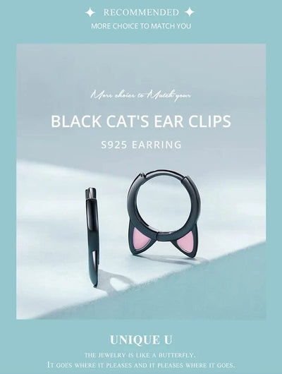 WOSTU Real 925 Sterling Silver Cat Ear Hoop Earrings For Women Lovely Pink Cute Pet Paw Studs Clips Girl Unique Jewelry Gift
