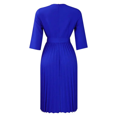 Elegant Office Dresses for Women Professional V Neck Full Sleeve Sashes Pleated Mid Calf Formal Business Work Wear Dress Midi OL