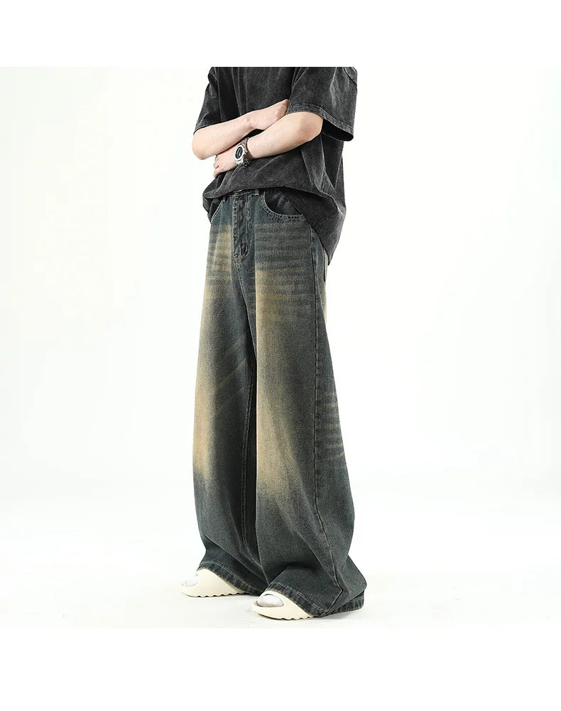 Men Denim Pants Old Blue Washed Male Jeans Straight Casual Menwear Loose Wide Leg Trousers New Fashion Korean High Street Denim