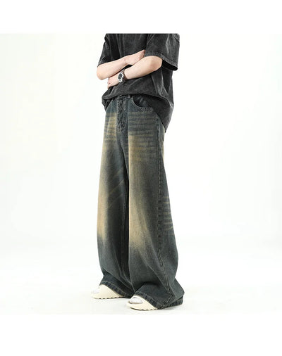 Men Denim Pants Old Blue Washed Male Jeans Straight Casual Menwear Loose Wide Leg Trousers New Fashion Korean High Street Denim