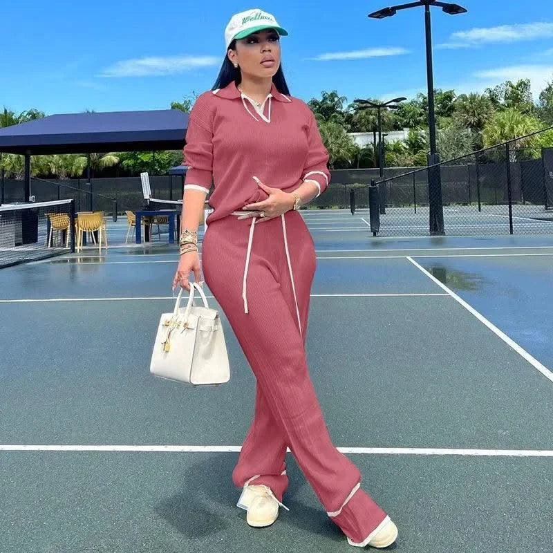 Active Wear Knitted Casual Tracksuit for Women Two Piece Set Sporty Fitness Striped Sweater Top and Wide Leg Pants Jogging Femme